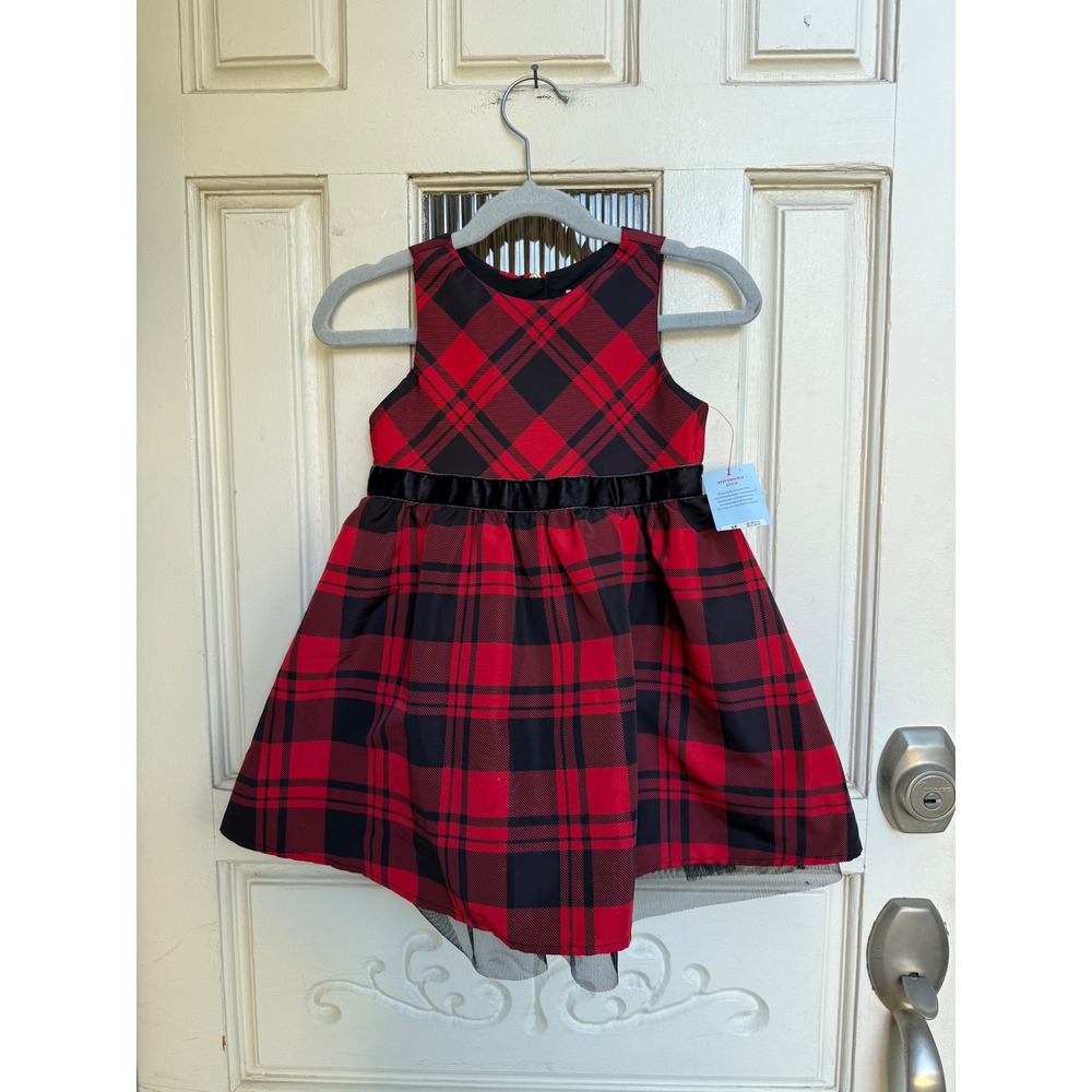 Cat & Jack‎ Girls Dress Red Black Plaid Sleeveless Holiday Party Bow Size 3T
